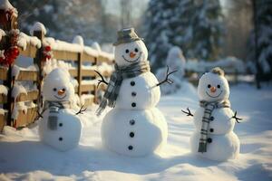 ai genererad charmig snögubbe förkunnar jul firande Semester heja på ai genererad foto
