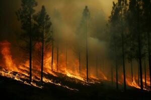 löpeld skog brand uppslukar trän brand sprider sig vilt ai genererad foto