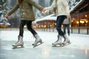 ai genererad festlig is skridskoåkning en vinter- glädje den där fångar de jul anda ai genererad foto