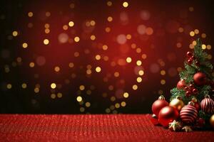 ai genererad magisk Semester jul bakgrund en gnistrande träd och bokeh lampor på röd ai genererad foto