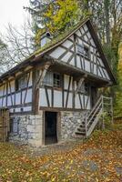 detta Foto visar wonderf korsvirkeshus hus i en jordbrukare by i Tyskland