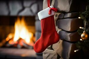 ai genererad jul festlig fester röd strumpa hängd förbi de öppen spis avvaktan santas glad överraskningar ai genererad foto