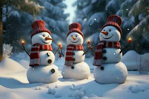 ai genererad charmig snögubbe förkunnar jul firande Semester heja på ai genererad foto