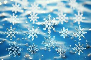 ai genererad snöflingor graciöst dekorera en vinter- sagoland jul snö ljus bakgrund ai genererad foto