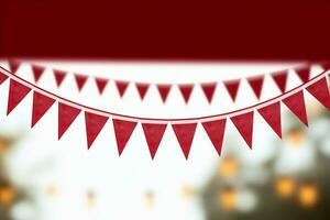 ai genererad vibrerande röd och vit flaggväv festligt hängande med triangel- flaggor för firande. ai genererad foto