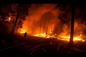 löpeld skog brand uppslukar trän brand sprider sig vilt ai genererad foto