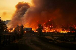 löpeld skog brand uppslukar trän brand sprider sig vilt ai genererad foto