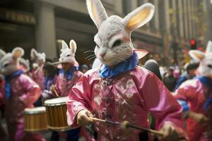 en grupp av artister klädd som kaniner spela de trummor på ett påsk parad, tillsats till de rytmisk spänning av de firande, ai genererad foto