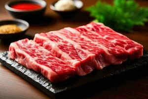 ai genererad utegrill biff rå japansk wagyu nötkött a5 , där är fett mellan de kött, ai generativ foto