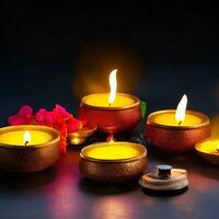 ai genererad traditionell indisk olja lampor för diwali festival på mörk bakgrund. traditionell festival hindu ai genererad foto