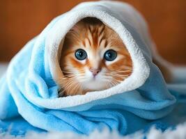 ai genererad söt katt insvept i en bad handduk ai genererad foto