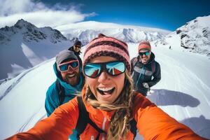 ai genererad. berg åka snowboard vänner selfie foto