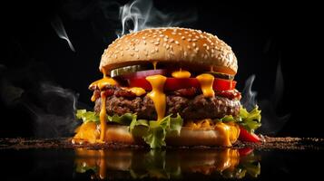 ai genererad en hamburgare med ost och kött på en svart bakgrund foto