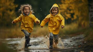 ai genererad två liten barn i gul regn rockar löpning genom en pöl foto