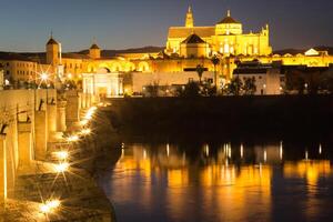 natt se av mezquita-katedralen och puente romano - moské-katedralen och de roman bro i Cordoba, andalusien, Spanien foto