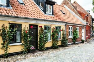 gata med gammal hus från kunglig stad ribe i Danmark foto