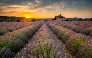 ai genererad strålnings provence, en lavendelfylld solnedgång symfoni foto