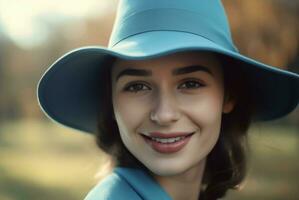ung kvinna leende hatt blå Färg. generera ai foto