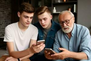 fokuserade senior far med hans söner använder sig av smartphones. generera ai foto