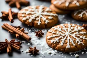 ai genererad jul pepparkaka småkakor med snöflingor och kryddor på svart bakgrund. ai generativ foto