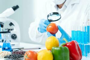 forskare kolla upp kemisk mat rester i laboratorium. kontrollera experter inspektera kvalitet av frukter, grönsaker. labb, faror, rohs, hitta förbjuden ämnen, förorena, mikroskop, mikrobiolog foto