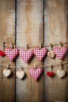 ai genererad hjärtans dag bakgrund med hjärtan och klädnypor på trä- vägg foto