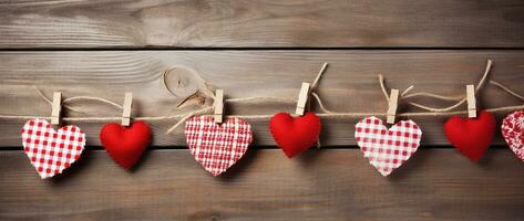 ai genererad hjärtans dag bakgrund med hjärtan och klädnypor på trä- vägg foto
