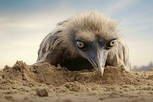 ai genererad porträtt av ett Örn i de sand. närbild, en rädd struts nedgrävning dess huvud i de sand begrepp, ai genererad foto