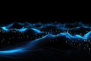 ai genererad trogen teknologi Vinka bakgrund. stor data visualisering. grafisk begrepp för din design, lysande blå rader och ett abstrakt data systemet på en svart bakgrund representerar foto