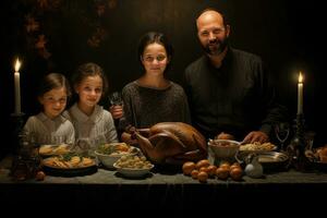 ai genererad Lycklig familj med en Kalkon på de tabell. tacksägelse middag. familj middag, familj tacksägelse med Kalkon, ai genererad foto