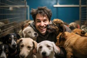 ai genererad porträtt av en man innehav en grupp av hundar i en skydd, hund på de skydd, djur- skydd volontär- tar vård av hundar, ai genererad foto