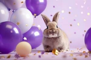 ai genererad kanin på en lila bakgrund omgiven förbi Flerfärgad ballonger och konfetti. foto