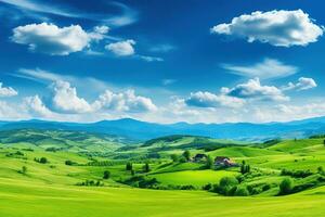 ai genererad skön landskap med grön ängar och blå himmel med moln. foto