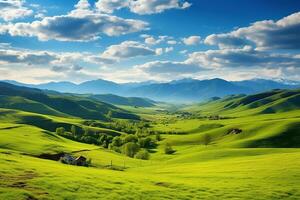 ai genererad skön landskap med grön ängar och blå himmel med moln. foto