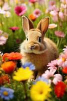 ai genererad påsk kanin och färgrik ägg på grön gräs med blommor bakgrund. foto