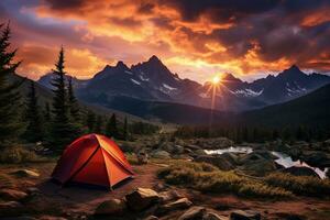 ai genererad tält i de bergen på solnedgång. skön sommar landskap med en tält. foto