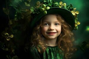 ai genererad porträtt av en skön liten flicka i en grön hatt.st. Patricks dag begrepp foto