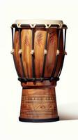 ai genererad handsnidade bongo trumma på vit bakgrund. traditionell percussion musikalisk instrument av afrocuban och latin amerikan kultur. perfekt för musikalisk teman, rytm koncept, kulturell mönster. vertikal foto