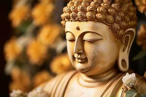 ai genererad närbild av buddha staty i buddist tempel foto