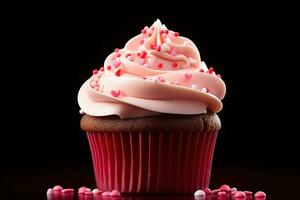 ai genererad valentine muffin med hjärtformade strössel på röd bakgrund foto