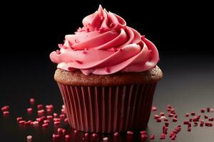 ai genererad valentine muffin med hjärtformade strössel på röd bakgrund foto