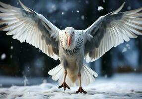 ai genererad stork landning på de snö, i en vinter- landskap med faller snö. foto