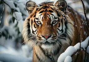 ai genererad enorm sibirisk tiger i vinter- landskap med faller snö foto