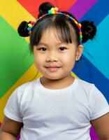 ai genererad porträtt av liten asiatisk flicka i de studio på färgrik bakgrund foto