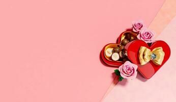 3d tolkning illustration, topp se, choklad gåva låda med kärlek hjärta och rosa ro på rosa bakgrund foto