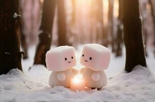 ai genererad två marshmallow älskande gående i de snö i vinter- foto