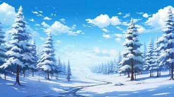 ai genererad vinter- by snöig landskap med tallar skog och kullar på bakgrund. komisk måla stil. foto