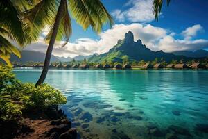 ai genererad panorama- se av skön ö med handflatan träd och turkos vatten, en fredlig och lugn lagun i bora bora, franska polynesien, ai genererad foto