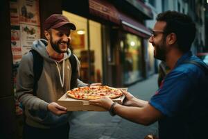 ai genererad två vänner är äter pizza i de stad. de är leende och talande, en man leverera pizza till en kund, ai genererad foto