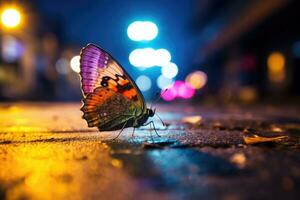 ai genererad fjäril på de gata på natt i Bangkok, thailand, färgrik fjäril på de trottoar av en upptagen gata på natt, fångad genom makro fotografi, ai genererad foto